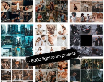 Puede incluir: Un collage de imágenes que muestran diferentes ajustes preestablecidos de Lightroom. Los ajustes preestablecidos se clasifican por temas de color, incluidos el azul, el verde, el marrón y el blanco. El texto "8000 ajustes preestablecidos de Lightroom" se muestra en el centro del collage.