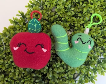 Apple and Worm Keychain. Plush Keychain. Handmade Keychains. Gifts for Kid.  Soft Keychain.  Bookbag Keychain. Apple Plush. Gift for Foodie.