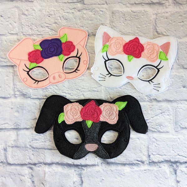 Cat Mask. Pig Mask. Puppy Mask. Animal Floral Crown Mask. Felt Dress Up Mask. Pretend Play. Imaginative Play. Kids Costumes. Felt Mask.