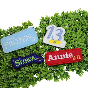 Puede incluir: Cuatro parches bordados coloridos. Un parche azul claro con "Disney FROZEN JR". Un parche blanco con el número "13". Un parche azul oscuro con "SHREK JR". Un parche rojo con "Annie JR".
