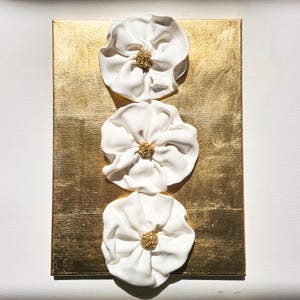 3D White Clay Flowers on foiled Canvas - Minimalist Wall Art - White & Gold - Bronze - Metallic