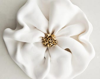 clay flower wall art, white gold, wall flower artwork, white wall sculpture, modern minimalist 3D dimensional flower