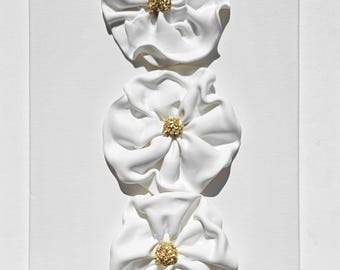 clay flower wall art, white gold, wall flower artwork, white wall sculpture, modern minimalist 3D dimensional flower