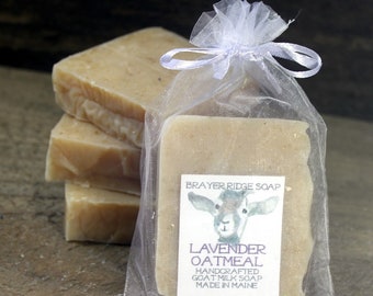 4 Bars Lavender Essential Oil With Finely Ground Oatmeal , Cold Processed Handcrafted Goat Milk Soap Made in Maine , Exfoliating Soap,