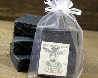 4 Activated Charcoal With Tea Tree & Peppermint Essential Oil Handcrafted Goat Milk Soap, Self Care, Charcoal Face and Body Soap, Maine Made