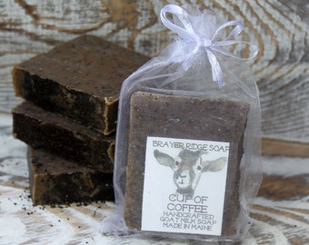 4 Bars Cup of Coffee Soap With Ground Coffee Handcrafted Goat Milk Soap, Made in Maine, Exfoliating Bar Soap, Coffee Scented Soap,