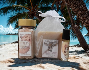 Bahama Coconut  Spa Gift Box, Goat Milk Soap, Roller Perfume, Bath Soak