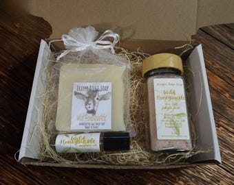 Wild Honeysuckle Spa Gift Box, Goat Milk Soap, Roller Perfume, Bath Soak
