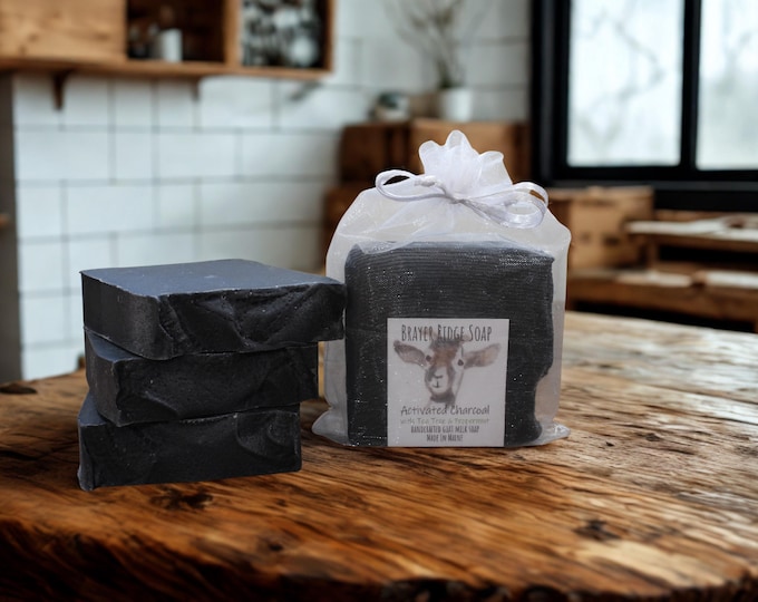 4 Activated Charcoal Goat Milk Soap: Tea Tree & Peppermint, Maine Made (4 Bars)