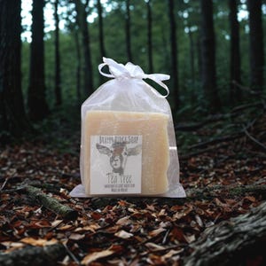 May include: A large, rectangular bar of tea tree soap in a clear cellophane bag tied with a white ribbon. The soap has a label with a goat illustration and the words "Brayes Ridge Soap" and "Tea Tree". The background is a forest floor.
