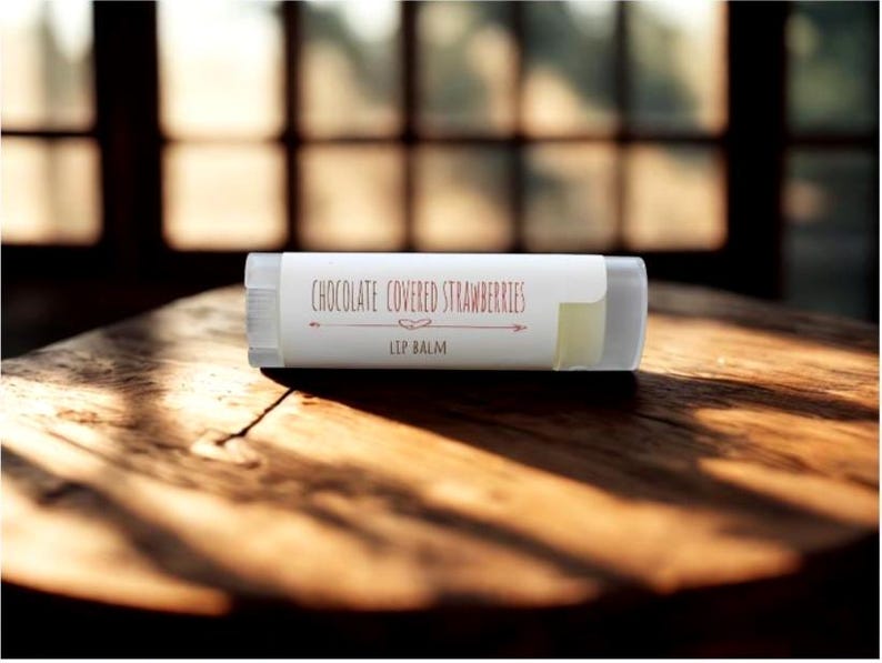 May include: A clear lip balm tube with a white label that reads "Chocolate Covered Strawberries" in a brown script. The lip balm is on a wooden surface, with sunlight streaming in from a window in the background.