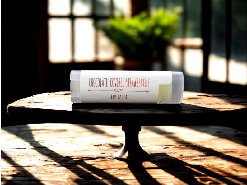 May include: A lip balm tube with a white label that reads "Chocolate Covered Strawberries" in a decorative font. The lip balm is on a dark wooden table with a blurred background of a window and greenery.