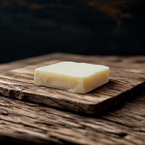 May include: A square bar of light-colored soap rests on a weathered wooden surface. The soap has a slightly irregular shape, suggesting a handmade quality. The wood grain is prominent, adding a rustic feel.