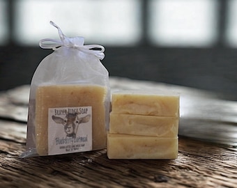 May include: A rectangular bar of off-white soap inside a sheer white drawstring bag with a label reading Brayer Ridge Soap Blueberry Oatmeal, alongside a stack of three identical off-white soap bars with a smooth, textured surface.