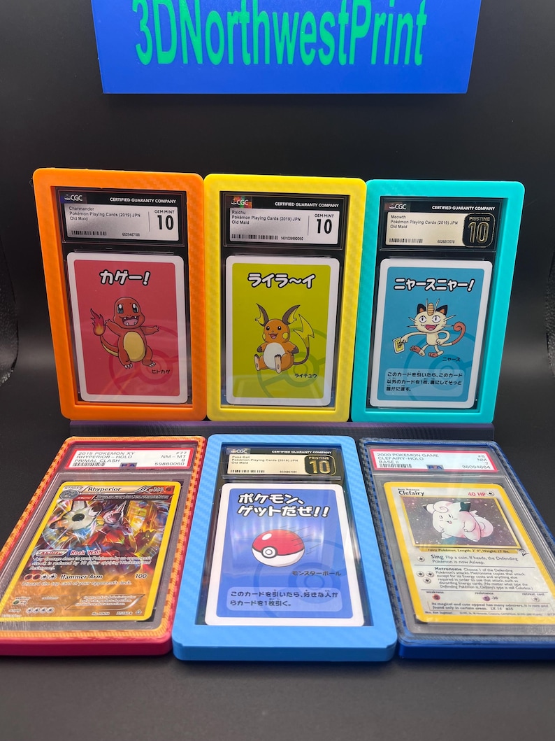 May include: Six graded Pok&eacute;mon trading cards in protective cases. The cards feature various characters and Japanese text. The cases are in orange, yellow, teal, red, blue, and clear. Each case has a grade of 10.