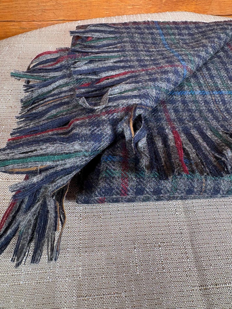 May include: A folded scarf with a plaid pattern in blue, grey, red, and green. The scarf has fringed edges. The fabric appears to be a soft, woven material. The scarf is folded over on itself, suggesting it is ready to wear.