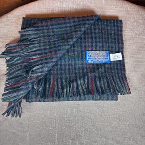 May include: A folded blue and grey checked scarf with fringed edges. The scarf features red and green accents and a blue label that reads "Pendleton". A small white tag reads "dry clean".