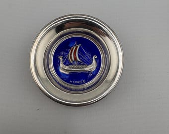 Vintage Norwegian Sterling Silver Enamel Dish | Viking Ship Decor