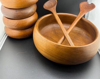 Vintage Teak Salad Bowl Set – Mid Century Wooden Serveware, Thailand
