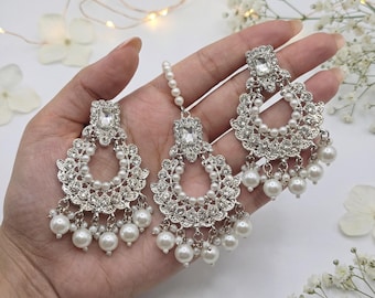 Silver White Earrings with Matching Tikka – Traditional Pakistani & Indian Style - Premium quality Indian jewellery