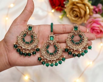 Green Earrings with Matching Tikka – Traditional Pakistani & Indian Style - Premium quality Indian jewellery - kundan jewellery