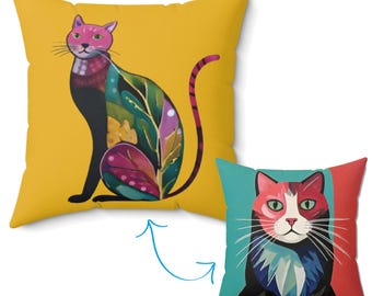 Cojín con diseño de gato vibrante, cojín felino colorido,