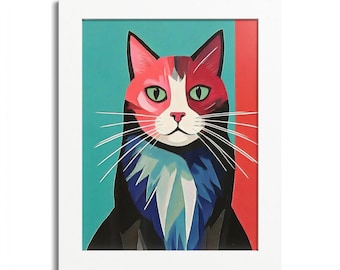 Póster enmarcado de gato colorido, una obra de arte vibrante para los amantes de los gatos.