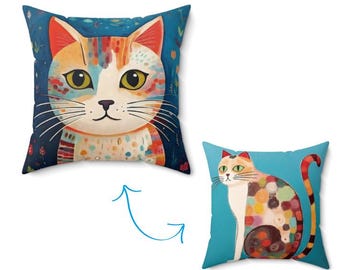 Cojín con estampado de gato artístico y lunares, decoración gráfica de doble cara.