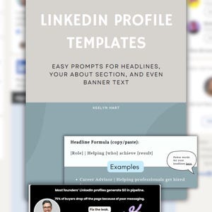 Puede incluir: Un gráfico digital que promociona Plantillas de perfil de LinkedIn. El texto incluye indicaciones para titulares, secciones de información y texto de banner. La imagen también presenta una fórmula de titular de ejemplo y ejemplos, con una captura de pantalla del perfil de LinkedIn.