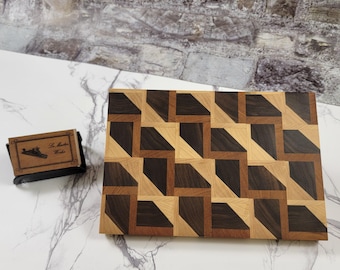 3D Stair Step Cutting Board – Walnut, Cherry & Hard Maple – Handmade Geometric Wood Charcuterie Board