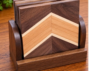 Chevron Hardwood Coaster Set with Holder - Walnut, Cherry & Maple - Set of 6