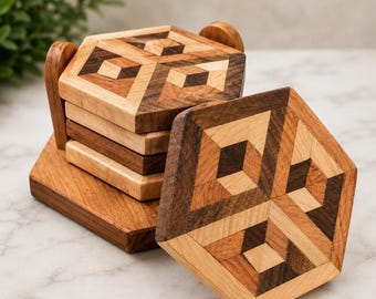 Optical Illusion Wood Coasters with Holder | Handmade Hardwood Geometric Coaster Set | 3D Design