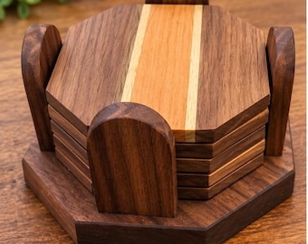 Geometric Hardwood Coaster Set with Holder - Walnut, Cherry & Maple - Set of 6