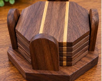 Geometric Hardwood Coaster Set with Holder - Black Walnut & White Oak - Set of 6