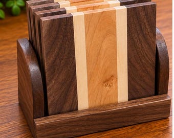 Striped Hardwood Coaster Set with Holder - Walnut, Cherry & Maple - Set of 6
