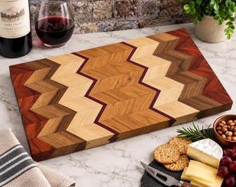 Chevron Serving Board | Walnut Cherry Maple Padauk & Purpleheart | Handmade Hardwood Charcuterie Board