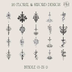 Sword and Flower SVG Bundle: Tattoo Stencil Designs (Digital Download, Cricut & Silhouette Files)