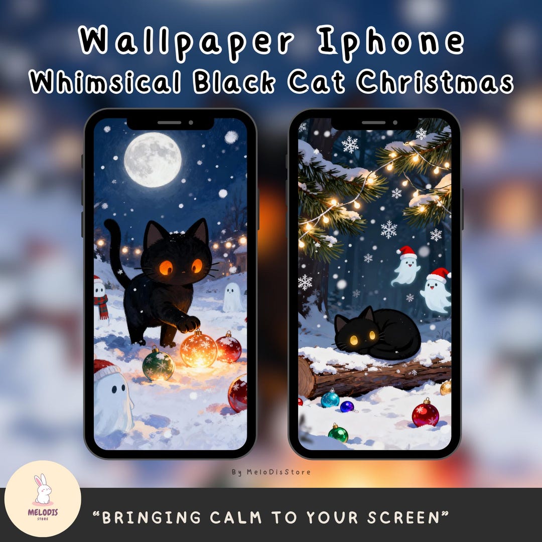 Whimsical Black Cat Christmas Wallpaper | Snowy Forest With Ghost