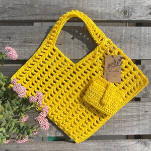 Sunny Yellow Crochet Tote Bag with Mini Pouch - Handmade Mesh Cotton Bag, Bright Summer Market Bag, Eco-Friendly Boho Gift