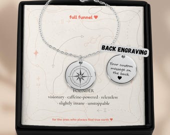 Pulsera con moneda de brújula para fundadores, joyería grabada para CEO de startups, oro rosa y plata.