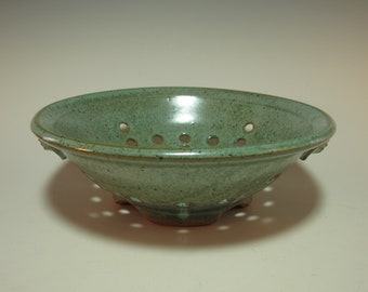 Berry Bowl Fruit Bowl 7.25" diameter Colander Serving Bowl Blue-Green Handmade Pottery