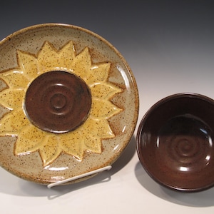 Sunflower Pottery Serving Set, Hand-Carved Harvest Platter and Dip Bowl, Wedding Shower Gift