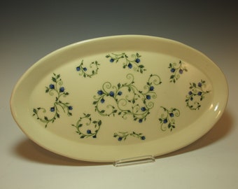 Pottery Platter with Blue Vine Decals - Oval Serving Dish Plate