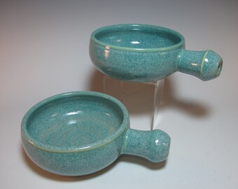 Pottery Soup Bowls Set of 2 with single Easy-grip Handle - Aqua