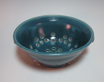 Berry Bowl Fruit Bowl Colander - Blue, Handmade Pottery, with Textured Handles