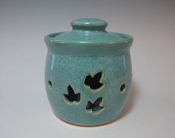 Pottery Garlic Jar Garlic Shallots Keeper Storage - With Leaf Cut-Outs - Aqua