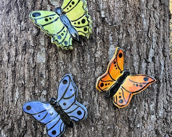 Butterfly Garden Art Outdoor Tree Fence Wall Butterflies Yard Art Unique Set of Three - Handmade Handpainted