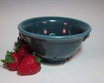 Berry Bowl, Fruit Bowl, Colander, Blue, Handmade Pottery, with Textured Handles