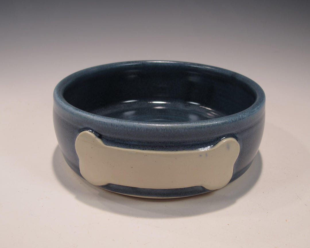 Handmade Pottery Dog Bowl: Blue Stoneware, Bone Detail (3 Cups) - Etsy