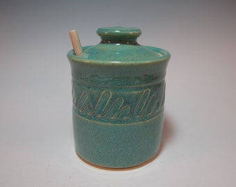 Honey Jar Honey Pot Handmade Pottery with Honey Dipper Aqua - Large- Holds 2 cups